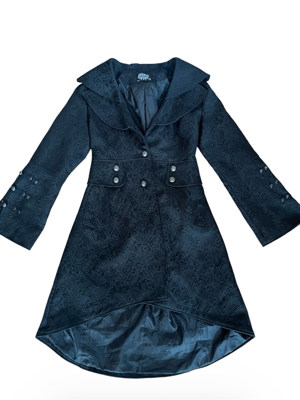 Hearts & Roses Gothic Jacquard Black Longline Retro Brocade Lace Up Back Jacket